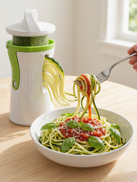 Piatto di spaghetti di zucchine con sugo di pomodoro e lo spiralizzatore accanto
