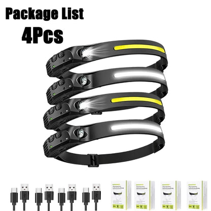 Lampada Frontale LED XPE+COB Ricaricabile USB Impermeabile Camping Pesca 1/10pz
