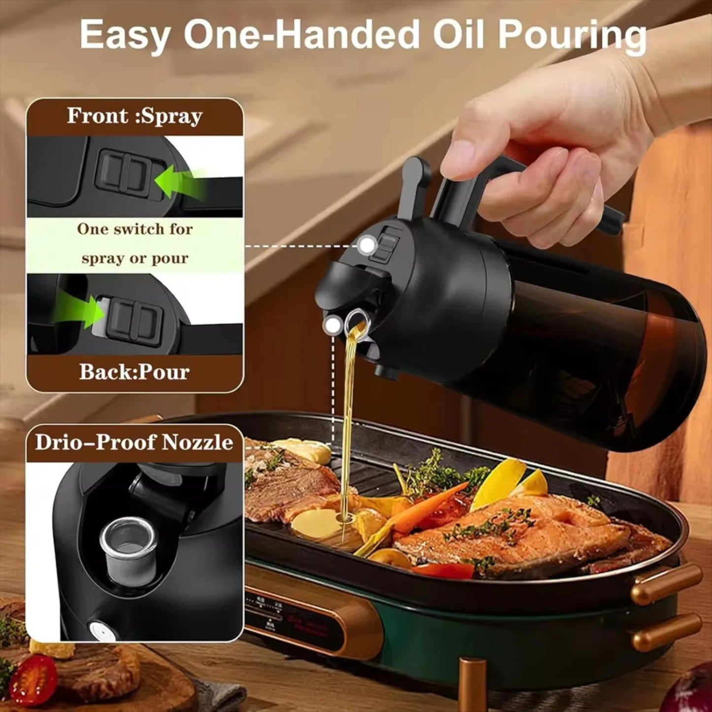 Dispenser Olio 470ml Vetro Ambrato 2-in-1 Spruzzino/Dosatore Cucina