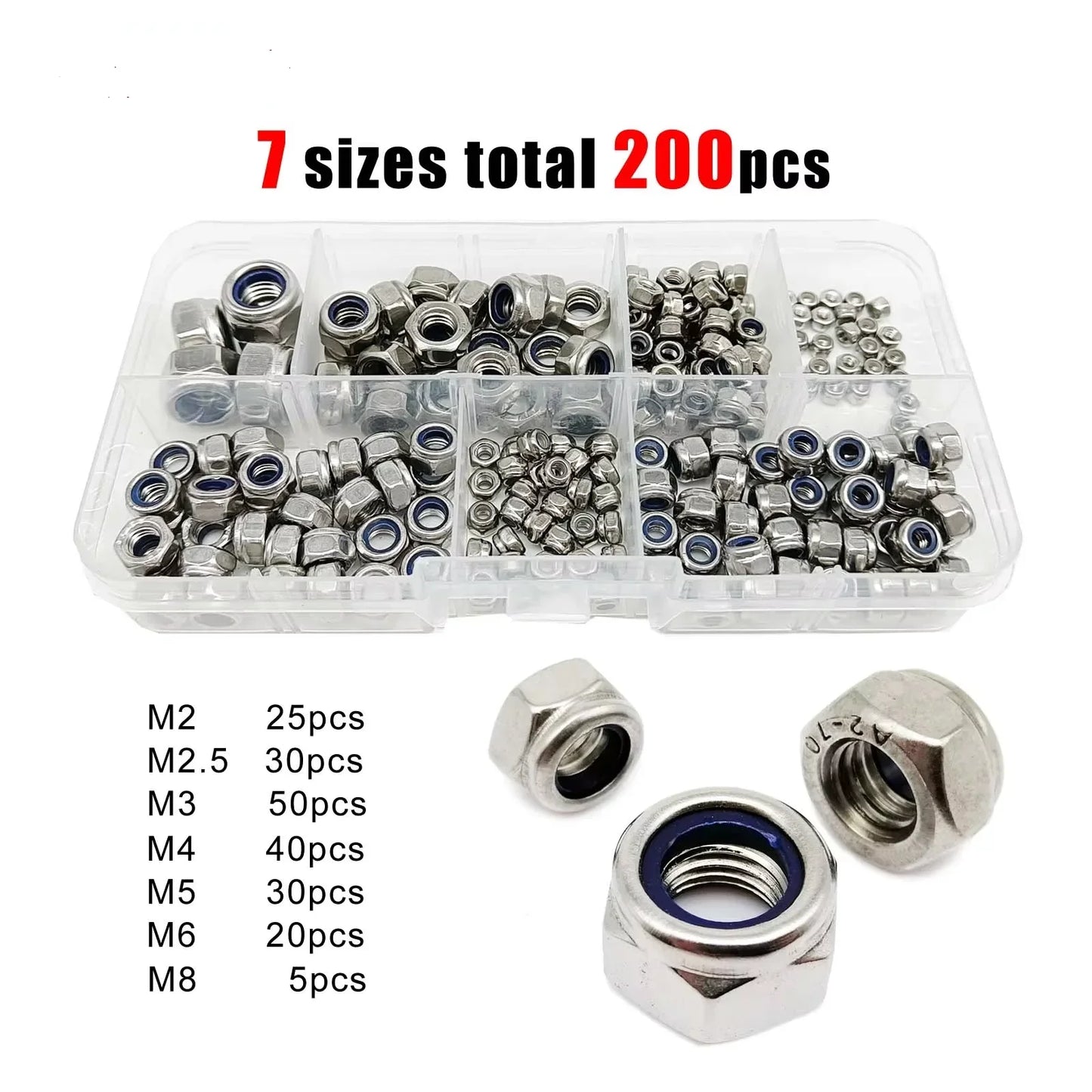 200pz Kit dadi nylock esagonali autobloccanti in nylon M2-M8