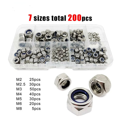 200pz Kit dadi nylock esagonali autobloccanti in nylon M2-M8