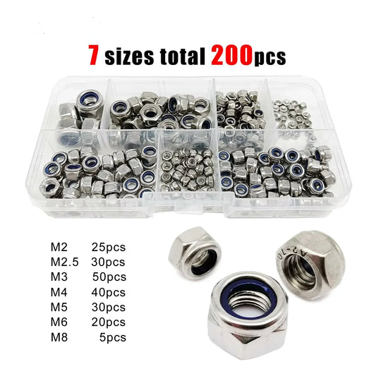 200pz Kit dadi nylock esagonali autobloccanti in nylon M2-M8