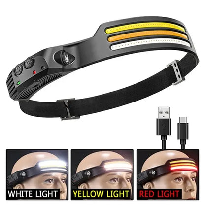Lampada frontale LED COB ricaricabile USB sensore movimento per campeggio pesca