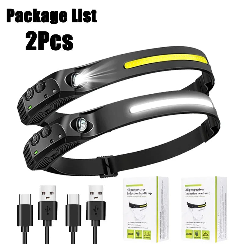 Lampada Frontale LED XPE+COB Ricaricabile USB Impermeabile Camping Pesca 1/10pz