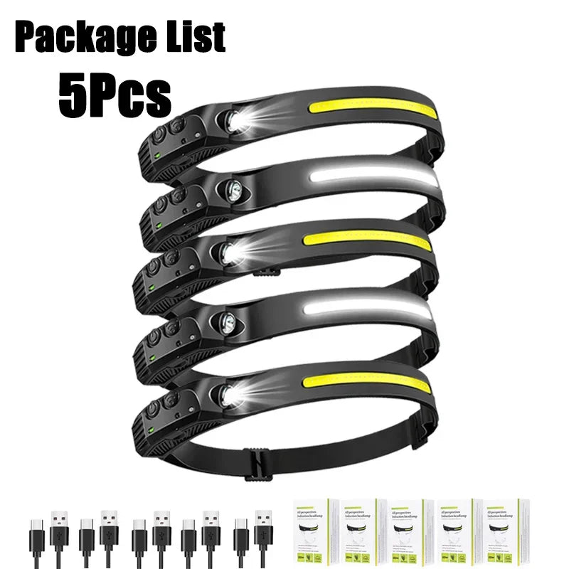 Lampada Frontale LED XPE+COB Ricaricabile USB Impermeabile Camping Pesca 1/10pz