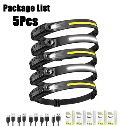 Lampada Frontale LED XPE+COB Ricaricabile USB Impermeabile Camping Pesca 1/10pz