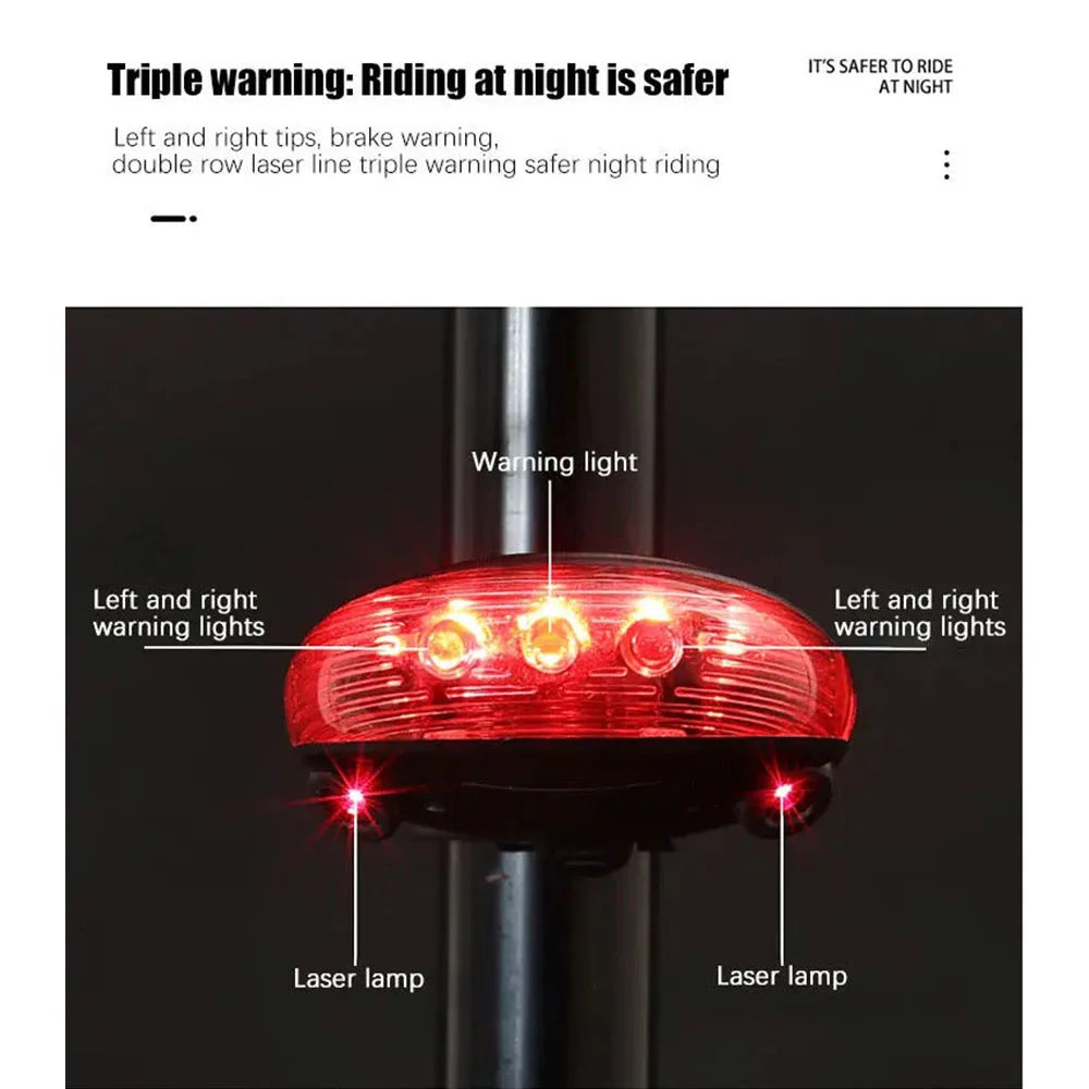 Luce posteriore bici 5 LED + Laser impermeabile sicurezza notte