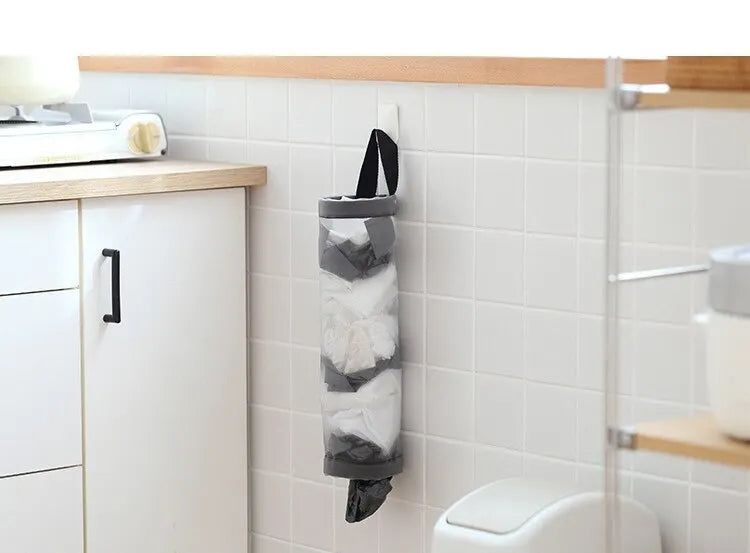 Dispenser sacchetti cucina da parete in rete grigio salvaspazio
