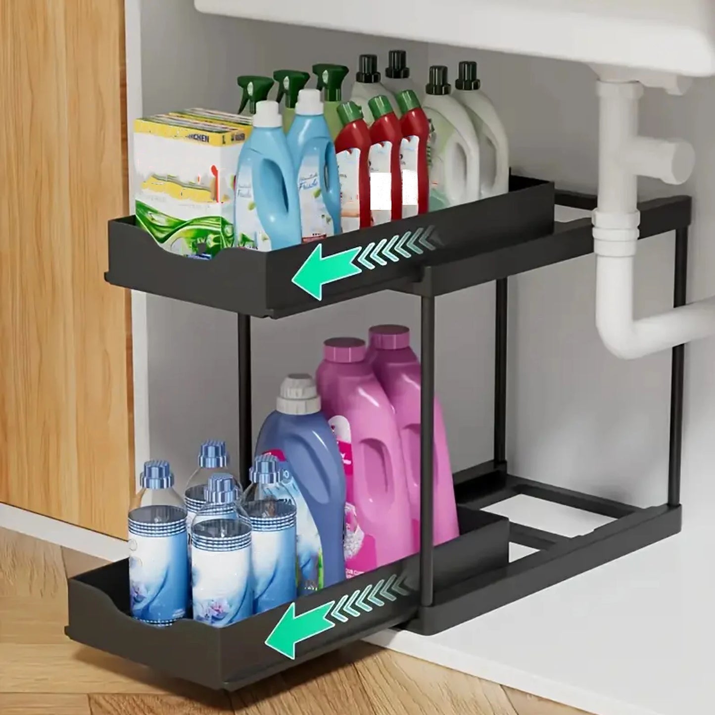 Organizer Sottolavello Estraibile 2 Ripiani Salvaspazio 5 Ganci Cucina/Bagno