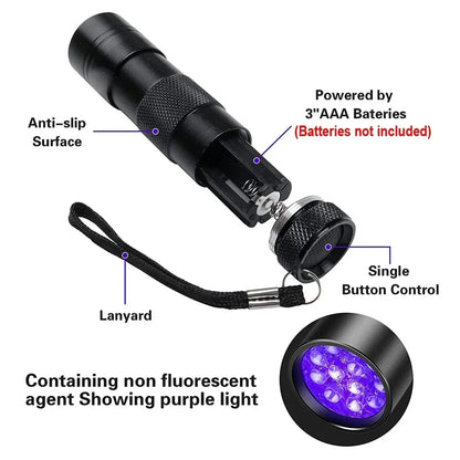 Torcia UV 395nm 9-12LED tascabile Blacklight rileva urine cane macchie cimici