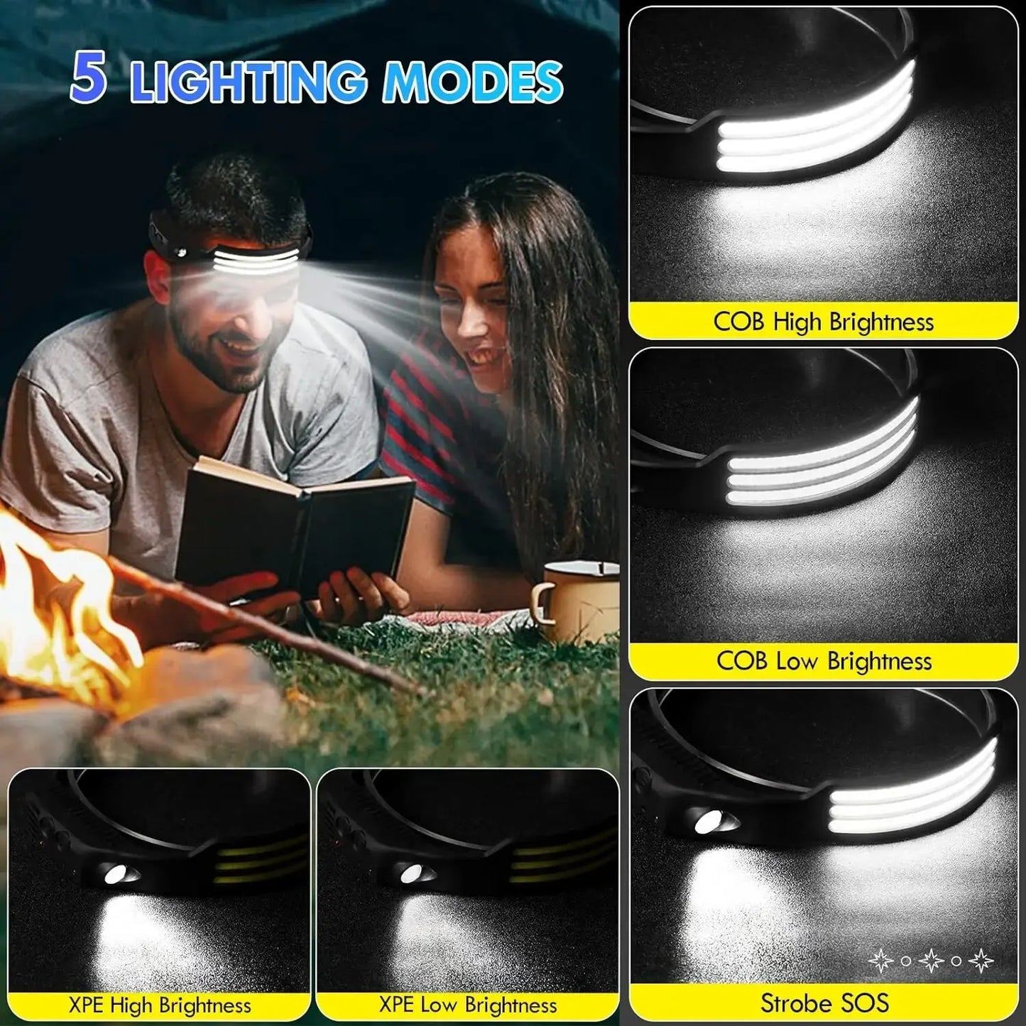 Lampada frontale LED COB ricaricabile USB sensore movimento per campeggio pesca