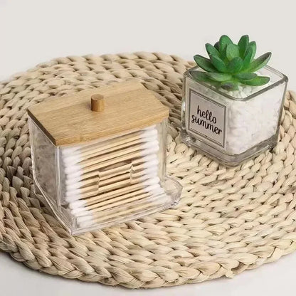 Porta cotton fioc trasparente quadrato con coperchio in bambù contenitore bagno