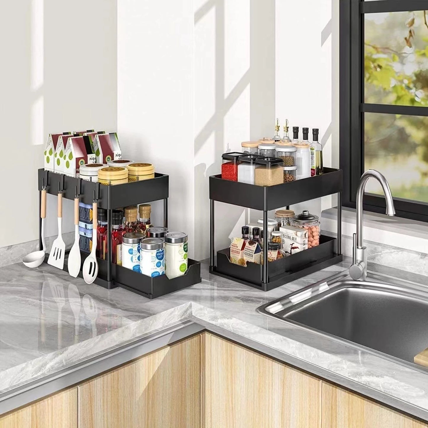 Organizer Sottolavello Estraibile 2 Ripiani Salvaspazio 5 Ganci Cucina/Bagno