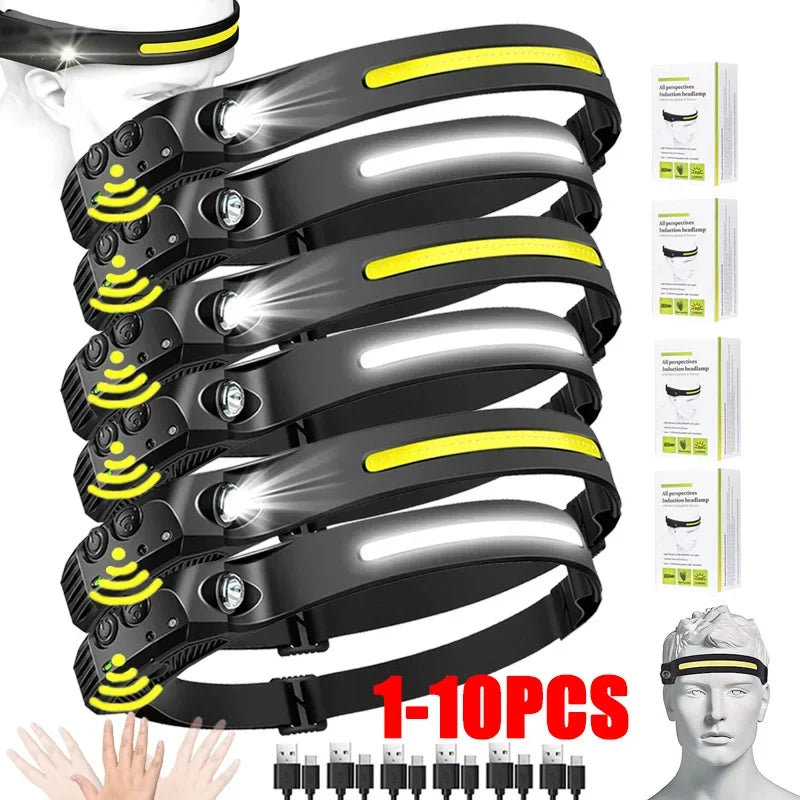 Lampada Frontale LED XPE+COB Ricaricabile USB Impermeabile Camping Pesca 1/10pz