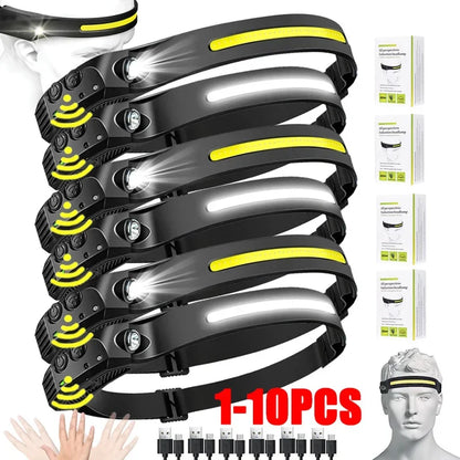 Lampada Frontale LED XPE+COB Ricaricabile USB Impermeabile Camping Pesca 1/10pz
