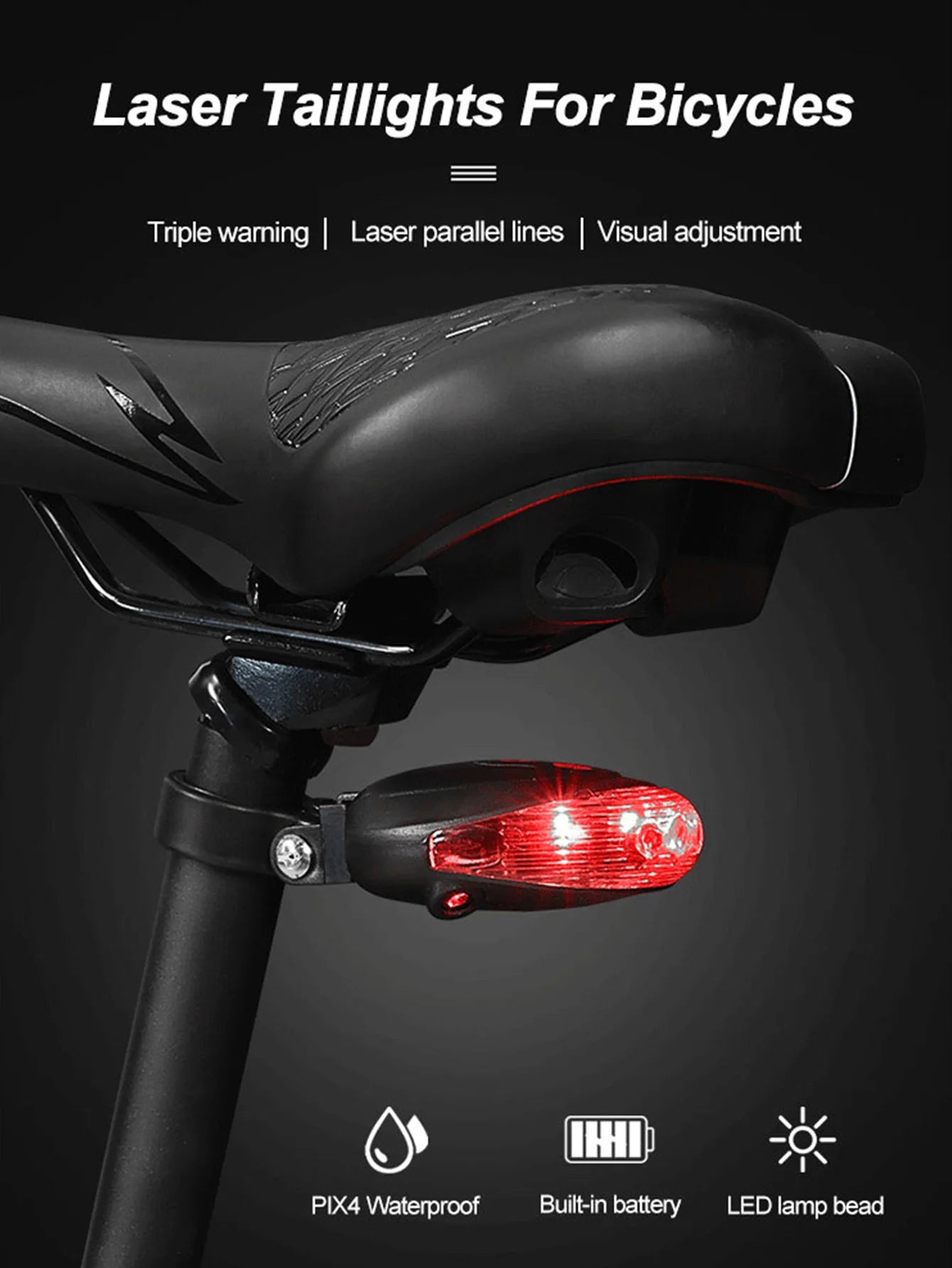 Luce posteriore bici 5 LED + Laser impermeabile sicurezza notte
