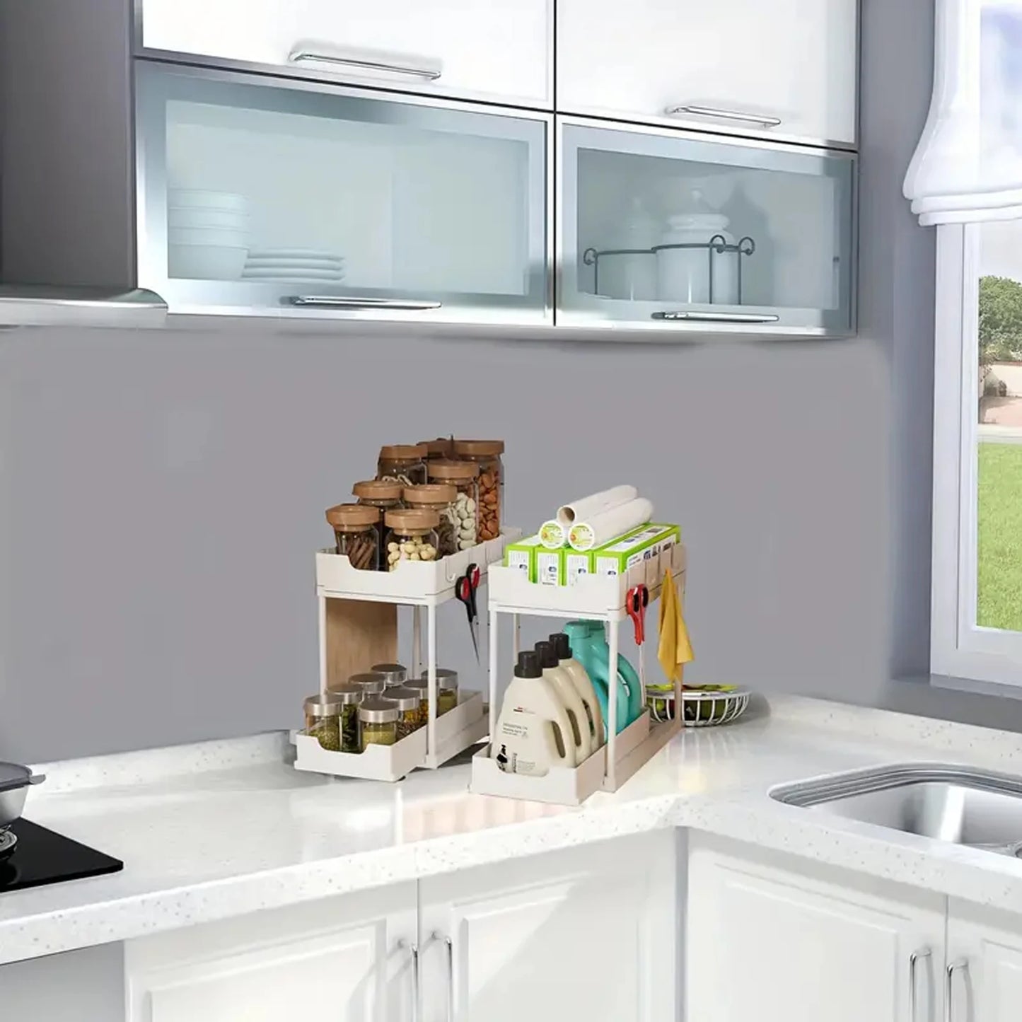 Organizer Sottolavello Estraibile 2 Ripiani Salvaspazio 5 Ganci Cucina/Bagno