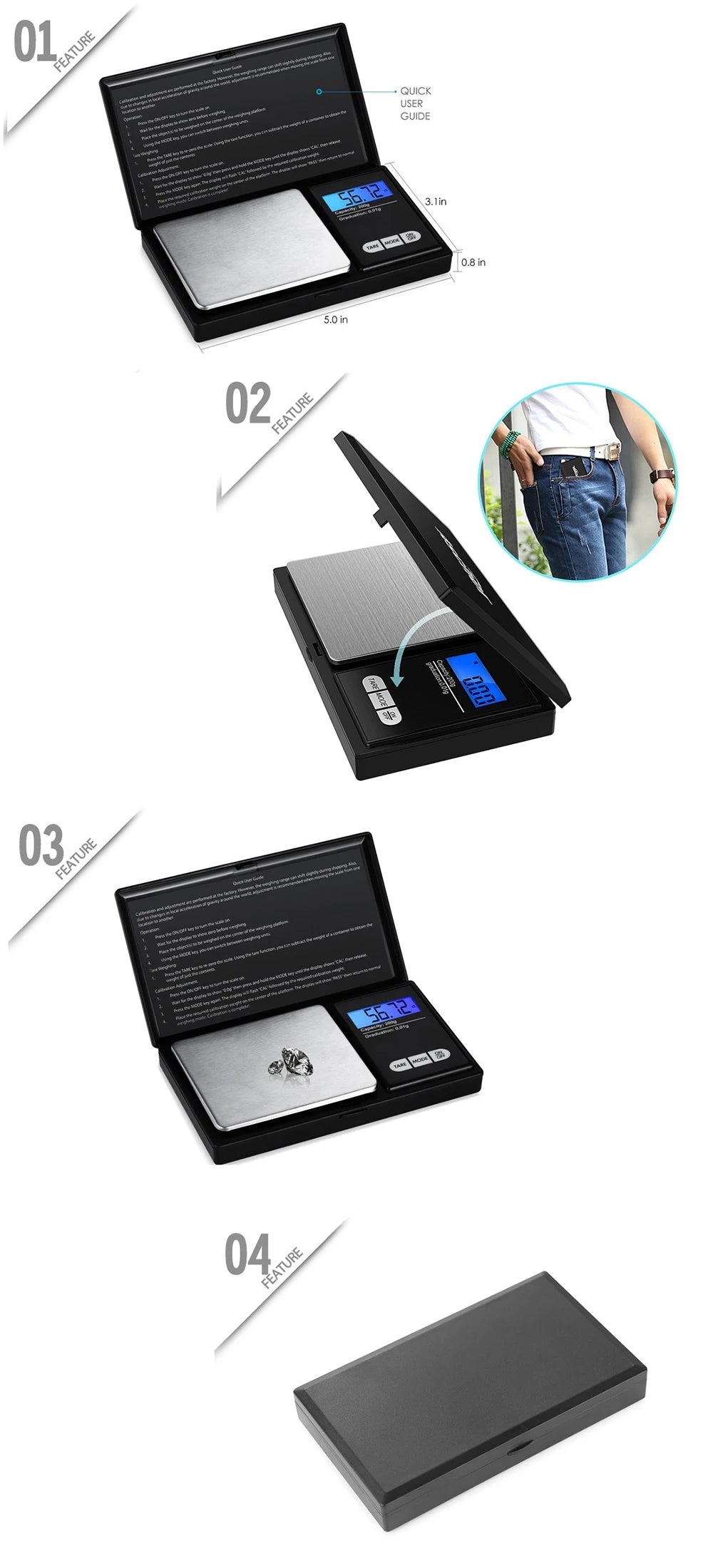 Bilancia Digitale Gioielli 0,01g Mini Portatile Acciaio Inox per Oro/Argento