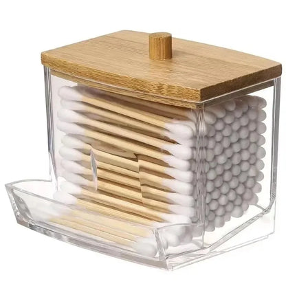 Porta cotton fioc trasparente quadrato con coperchio in bambù contenitore bagno