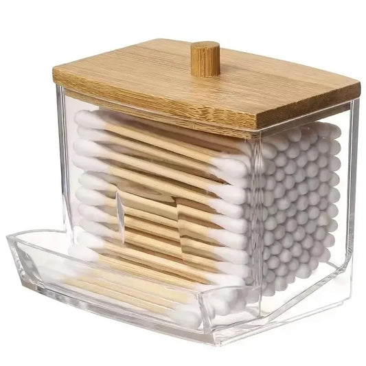 Porta cotton fioc trasparente quadrato con coperchio in bambù contenitore bagno