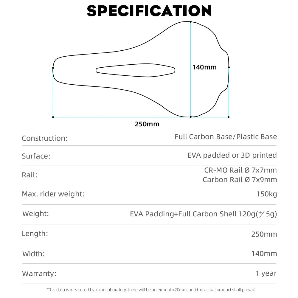 Sella bici RYET 3D Carbonio 120g 250x140mm MTB Gravel Road
