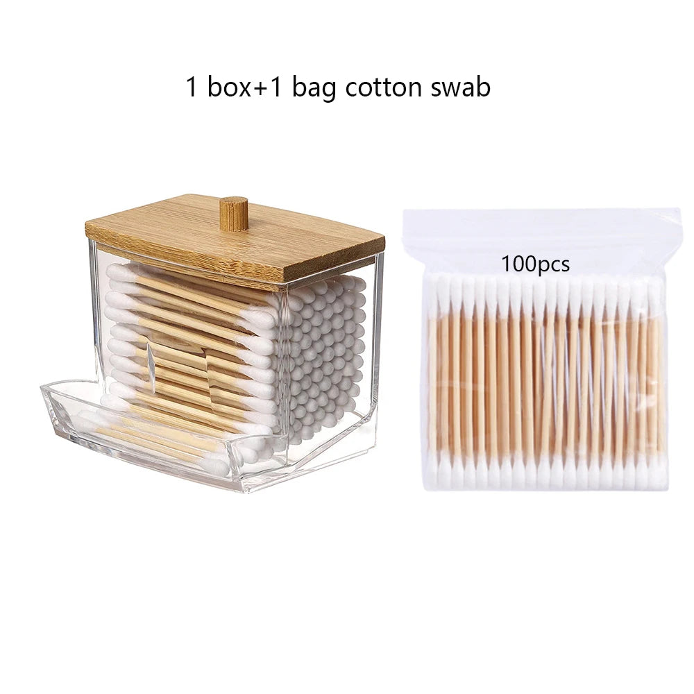 Porta cotton fioc trasparente quadrato con coperchio in bambù contenitore bagno