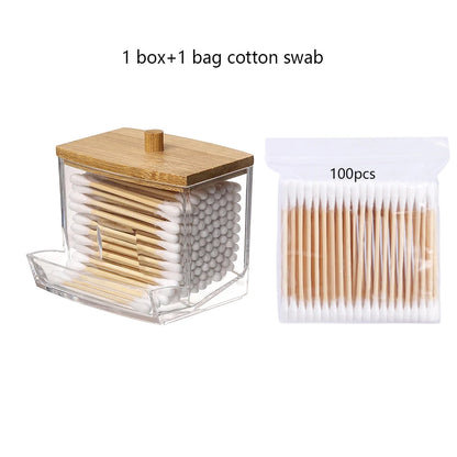 Porta cotton fioc trasparente quadrato con coperchio in bambù contenitore bagno