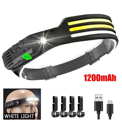 Lampada frontale LED COB ricaricabile USB sensore movimento per campeggio pesca