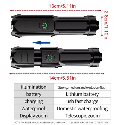 Torcia LED Ricaricabile USB Zoom Impermeabile Tascabile Faretto Camping Pesca