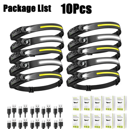 Lampada Frontale LED XPE+COB Ricaricabile USB Impermeabile Camping Pesca 1/10pz