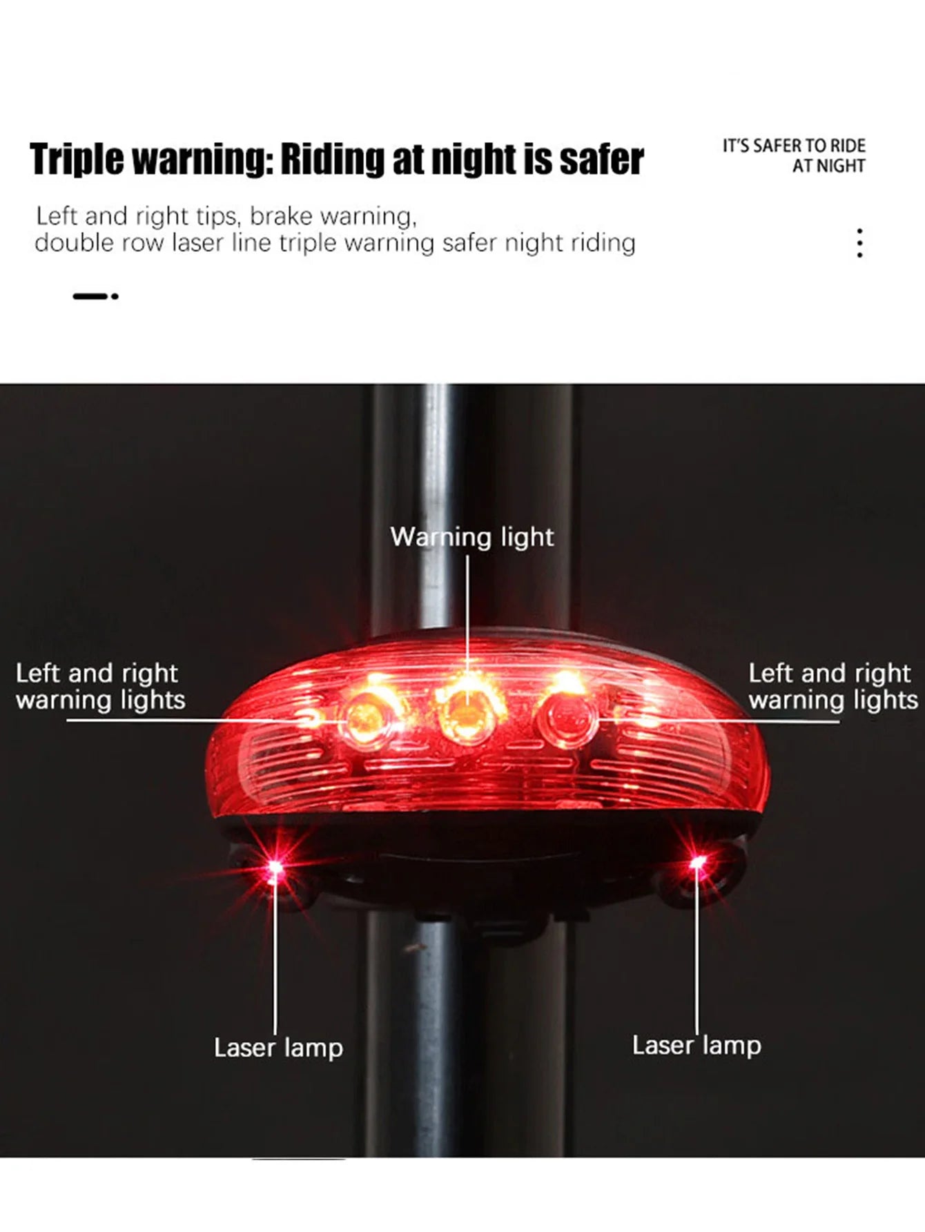 Luce posteriore bici 5 LED + Laser impermeabile sicurezza notte