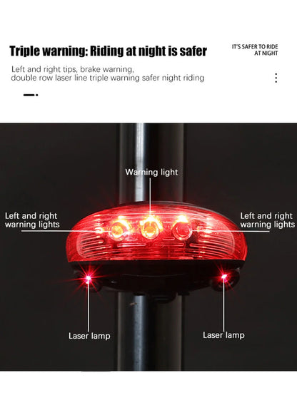Luce posteriore bici 5 LED + Laser impermeabile sicurezza notte