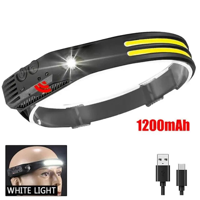 Lampada frontale LED COB ricaricabile USB sensore movimento per campeggio pesca