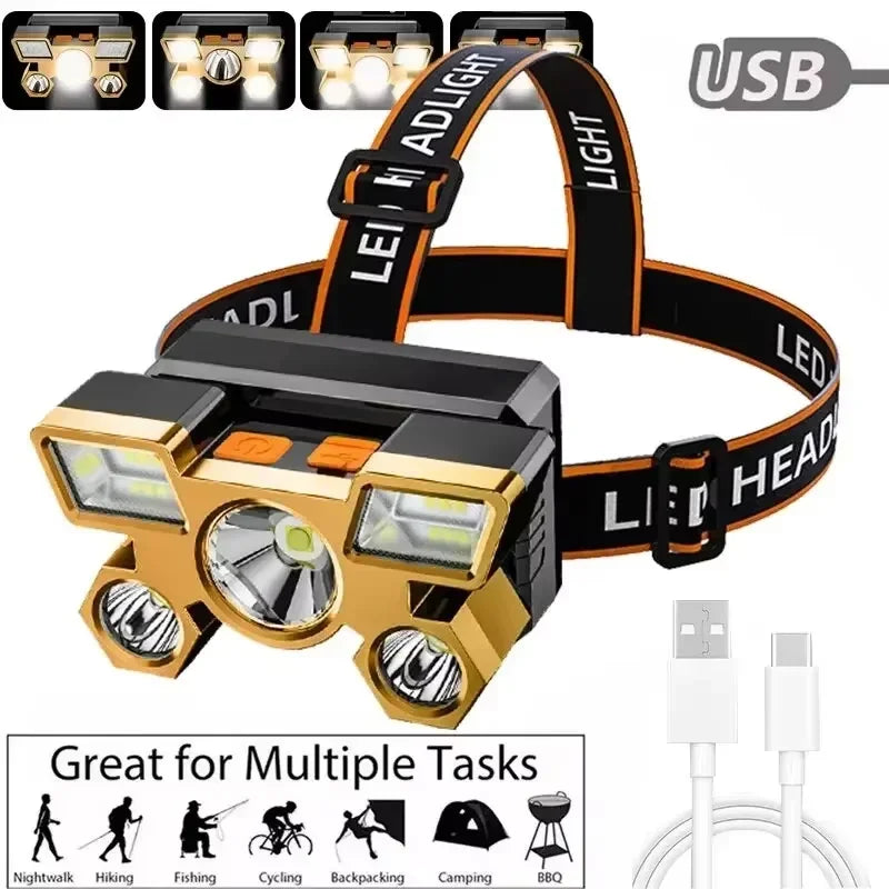 Lampada frontale LED ricaricabile USB potente pesca campeggio caccia trekking