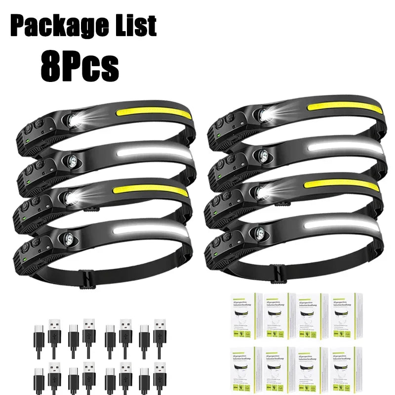 Lampada Frontale LED XPE+COB Ricaricabile USB Impermeabile Camping Pesca 1/10pz