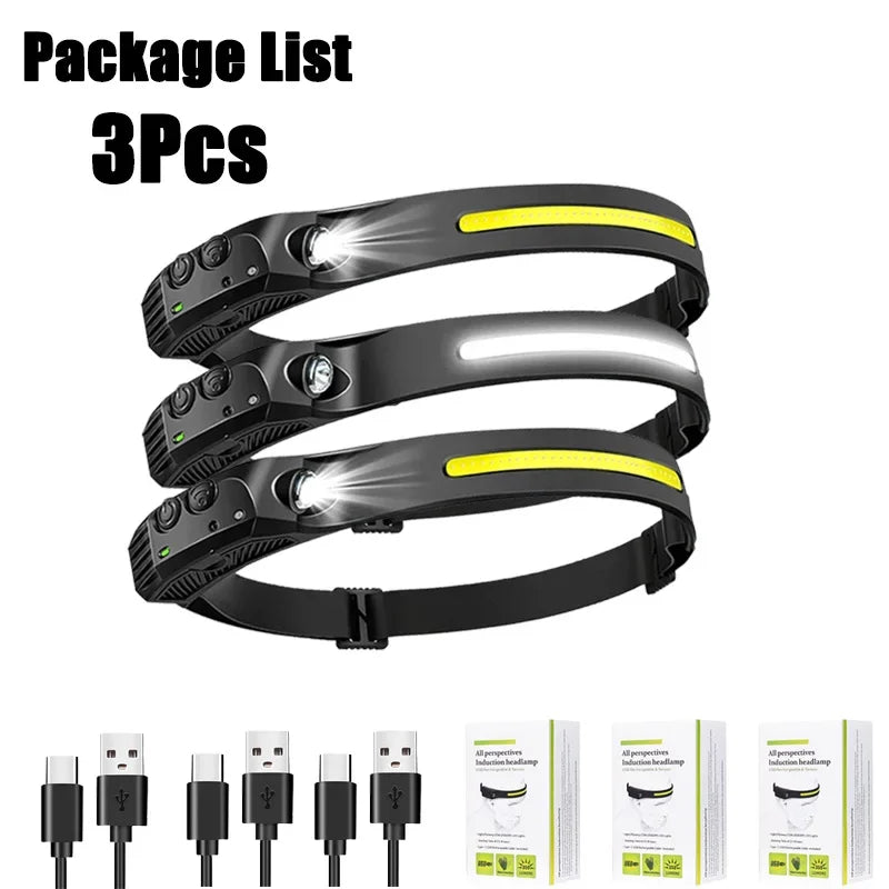 Lampada Frontale LED XPE+COB Ricaricabile USB Impermeabile Camping Pesca 1/10pz