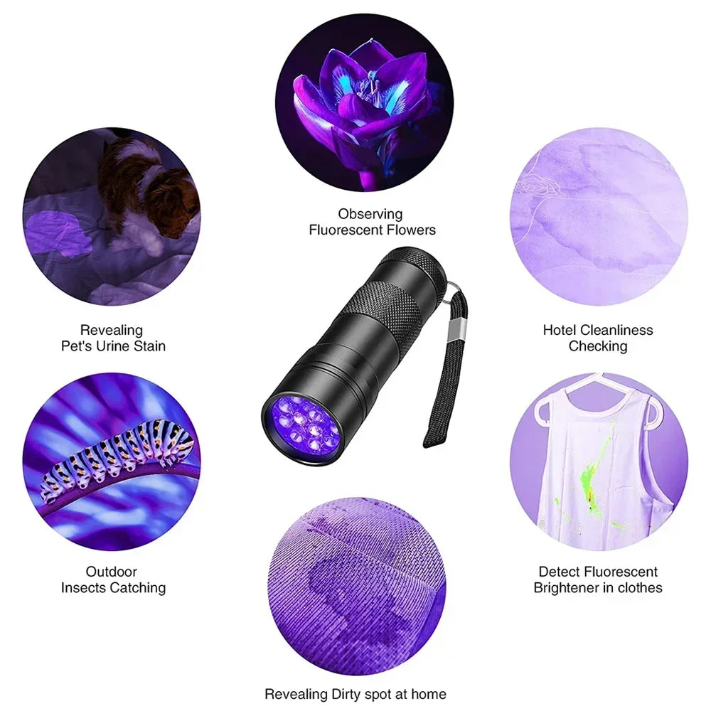 Torcia UV 395nm 9-12LED tascabile Blacklight rileva urine cane macchie cimici