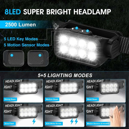 Lampada frontale ricaricabile 8 LED sensore movimento ultra luminosa campeggio