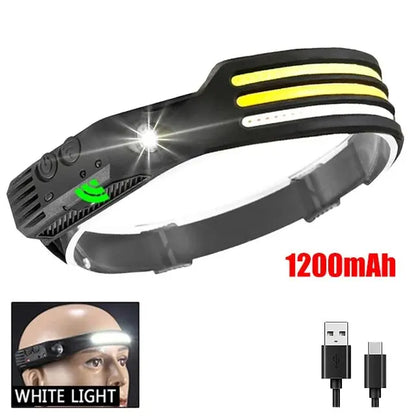 Lampada frontale LED COB ricaricabile USB sensore movimento per campeggio pesca