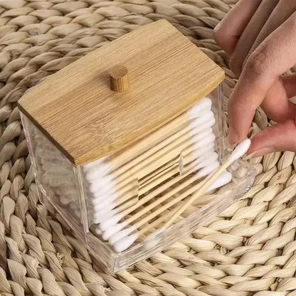 Porta cotton fioc trasparente quadrato con coperchio in bambù contenitore bagno