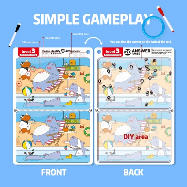 3 Giochi Trova Differenze Bambini 30 Carte Cancellabili Riutilizzabili