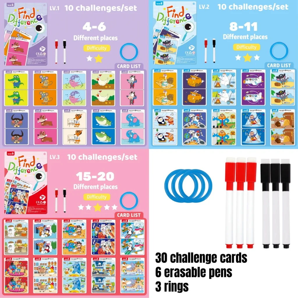 3 Giochi Trova Differenze Bambini 30 Carte Cancellabili Riutilizzabili — immagine 7