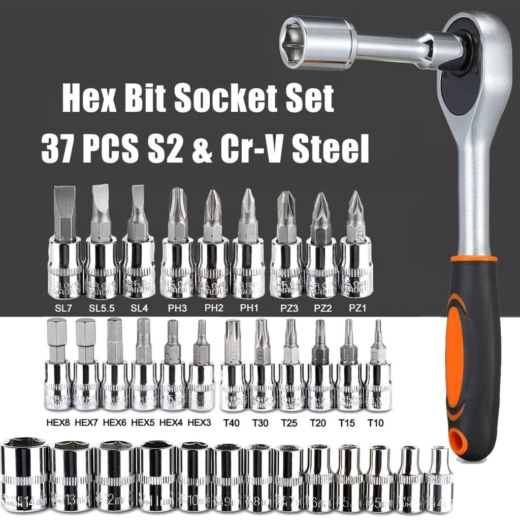 Set 46pz bussole attacco 1/4 cricchetto inserti esagonali metrici auto officina — immagine 2